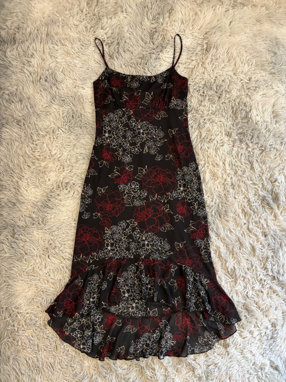 Perseption Black Slip Dress with Red and White Floral Print